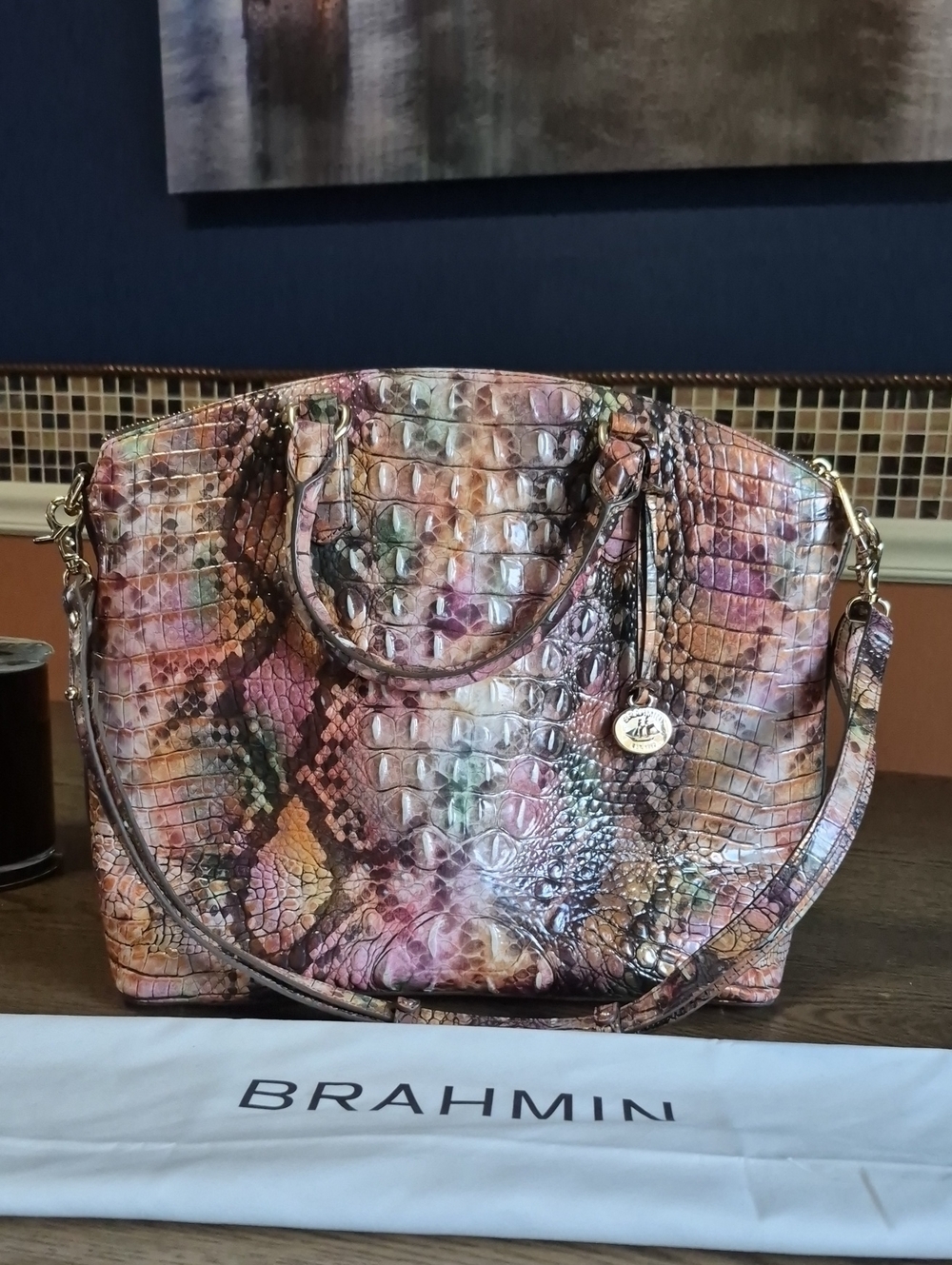 Beautiful Large Duxbury Croc-Embossed Satchel in Pink, Green & Brown